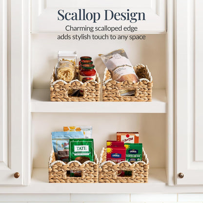 Best Choice Products 9x12 Scalloped Shelf Baskets, Woven Storage Bins, Storage Organizers for Pantry, Living Room, Bedroom, Nursery & Laundry, 4 Pack - Natural with White Trim