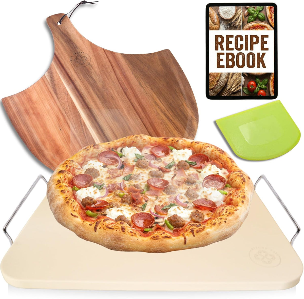 Pizza Stone for Oven and Grill Set - 5PCS Pizza Making Accessories Kit - 15 inch Pizza Stone with Handles, Pizza Peel, Pizza Cutter, Dough Tool - Baking Stone for Bread - Large Rectangular Oven Stones