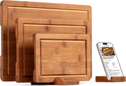 JINGNING Deep-Carbonized Bamboo Cutting Board Set for Kitchen with Wood Storage Stand, Deep Juice Grooves, Easy-Grip Handles & Non-Slip Pads, Premium Kitchen Gift