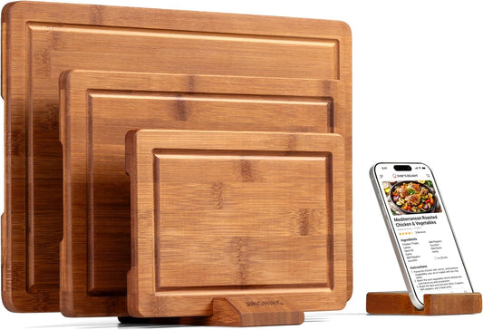JINGNING Deep-Carbonized Bamboo Cutting Board Set for Kitchen with Wood Storage Stand, Deep Juice Grooves, Easy-Grip Handles & Non-Slip Pads, Premium Kitchen Gift