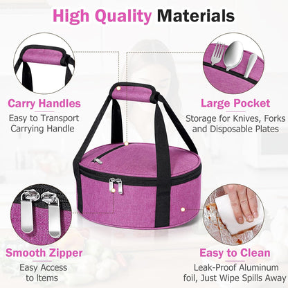 Round Insulated Casserole Carrier – 12" Portable Pie Carrier Bag for Hot or Cold Food, Leakproof Thermal Lunch Tote with Handle for Parties Picnic & Travel - Grey
