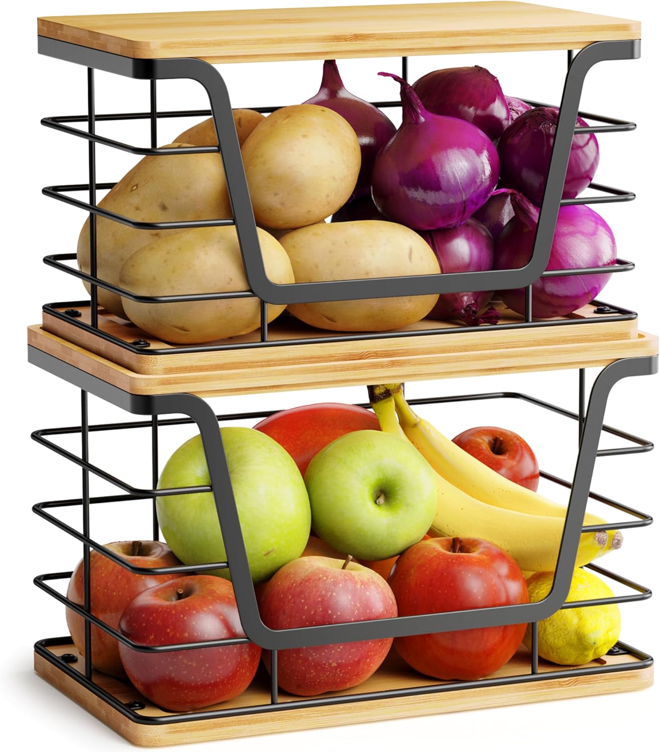ALOCEO 2 Pack Stackable Wire Storage Basket with Bamboo Lid, Trash Bag Dispenser Under Sink for 4-13 Gal Bags, Kitchen Storage Bins for Potato and Onion, Brown