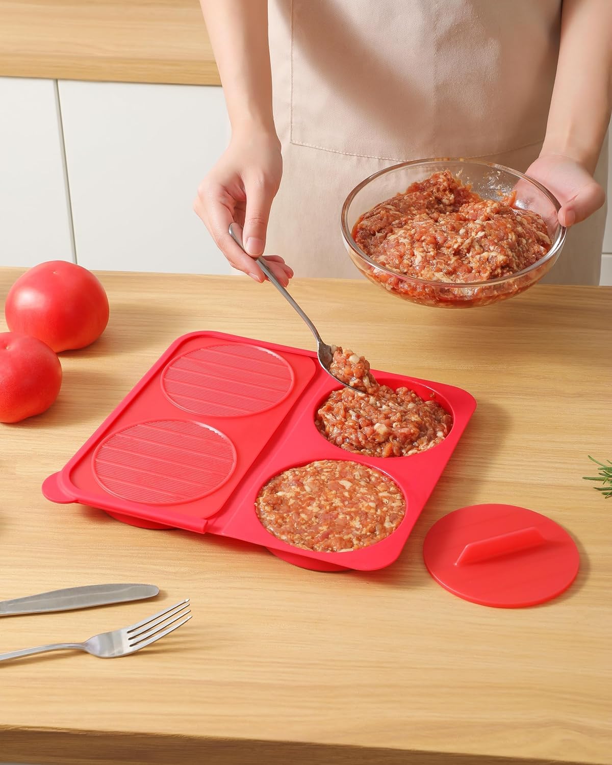 AUOON Silicone Burger Press for 4.5" 1/4-1/3 lb Patties - 4 in 1 Hamburger Press Patty Maker for Kitchen BBQ, Non-Stick Burger Patty Mold for Beef Veggie, Dishwasher Safe & Freezer Storage (Red)