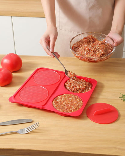 AUOON Silicone Burger Press for 4.5" 1/4-1/3 lb Patties - 4 in 1 Hamburger Press Patty Maker for Kitchen BBQ, Non-Stick Burger Patty Mold for Beef Veggie, Dishwasher Safe & Freezer Storage (Red)