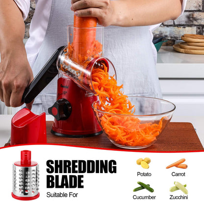 Geedel Rotary Cheese Grater, Kitchen Mandoline Vegetable Slicer with 3 Interchangeable Blades, Easy to Clean Rotary Grater Slicer for Cheese, Vegetables, Nuts