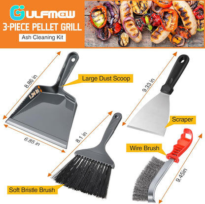 3 Piece Pellet Grill Ash Cleaning Kit, Includes Large Dust Pan, Soft Bristle Brush and Metal Scraper for Easy Removal of Ash, Debris and Grime