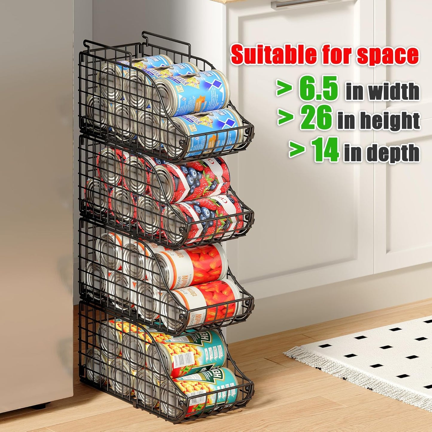 Sonyabecca 4-Pack Stackable Canned Food Organizer with Handles, Soda Can Organizer for Kitchen Pantry Shelves, Foldable Wire Cabinet Shelf for Can Storage, Patent Pending, Black
