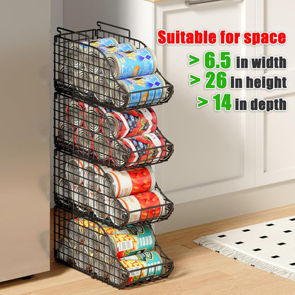 Sonyabecca 4-Pack Stackable Canned Food Organizer with Handles, Soda Can Organizer for Kitchen Pantry Shelves, Foldable Wire Cabinet Shelf for Can Storage, Patent Pending, Black