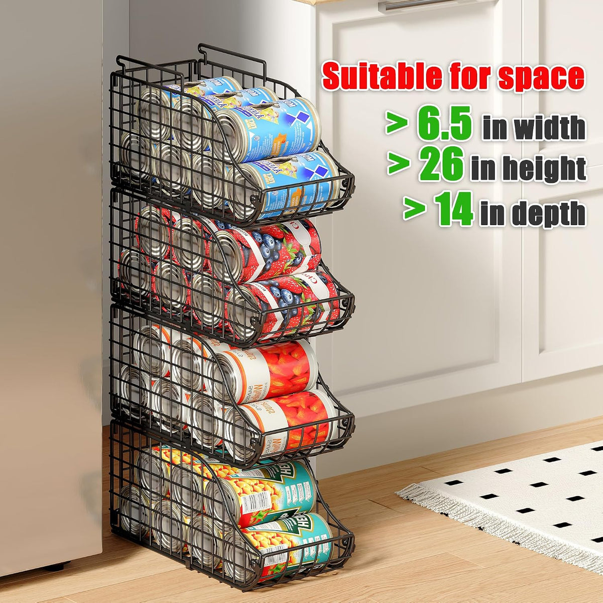 Sonyabecca 4-Pack Stackable Canned Food Organizer with Handles, Soda Can Organizer for Kitchen Pantry Shelves, Foldable Wire Cabinet Shelf for Can Storage, Patent Pending, Black