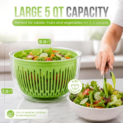 5-in-1 Salad Spinner Large with Lid Vegetable Washer and Dryer Fruit Cleaner Vegetable Chopper & Slicer with 5 Blades, 5 Qt Lettuce Spinner Strainer Shredder Bowl Egg Yolk Separator for Easy Meal Prep