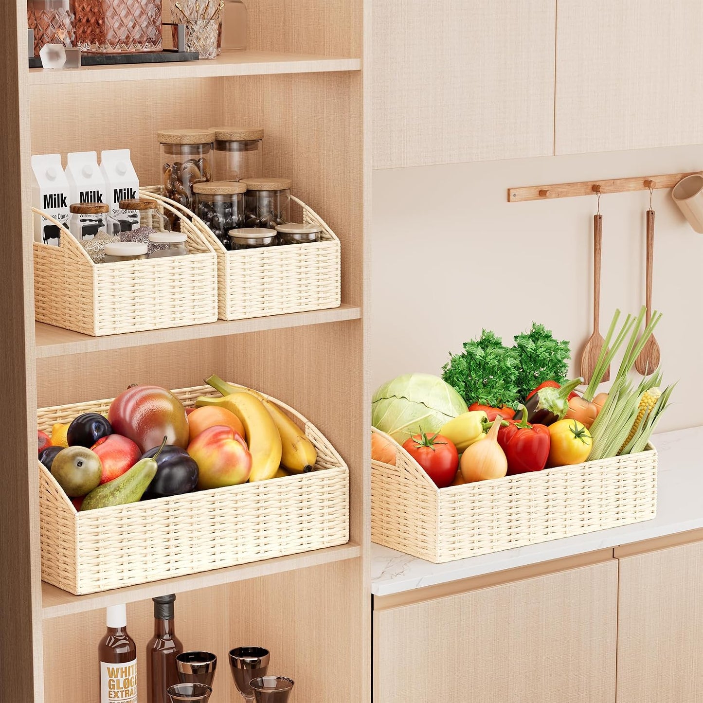 Rattan Storage Baskets, Handwoven Wicker Storage Bins with Built-in Handles, Storage Container Baskets for Shelves, Bedroom, Bathroom, Laundry Room or Kitchen(Natural)