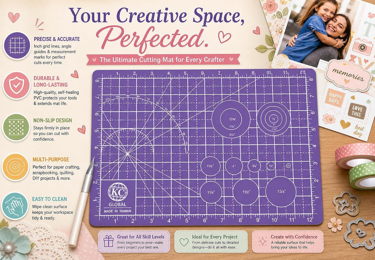KC GLOBAL A3 (19"x13") Professional Grade Self-Healing Cutting Mat (Purple) - Odor-Free, Double-Sided, Eco-Friendly, Non-Slip, Premium Desk mat for DIY, Crafting, Model Building,and Art Projects