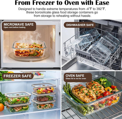 5 Pack 35 oz Glass Meal Prep Containers, Plastic-Free Glass Food Storage Containers with Lids, 4.4 Cups Airtight Glass Lunch Containers for Leftovers, Microwave, Oven, Freezer and Dishwasher