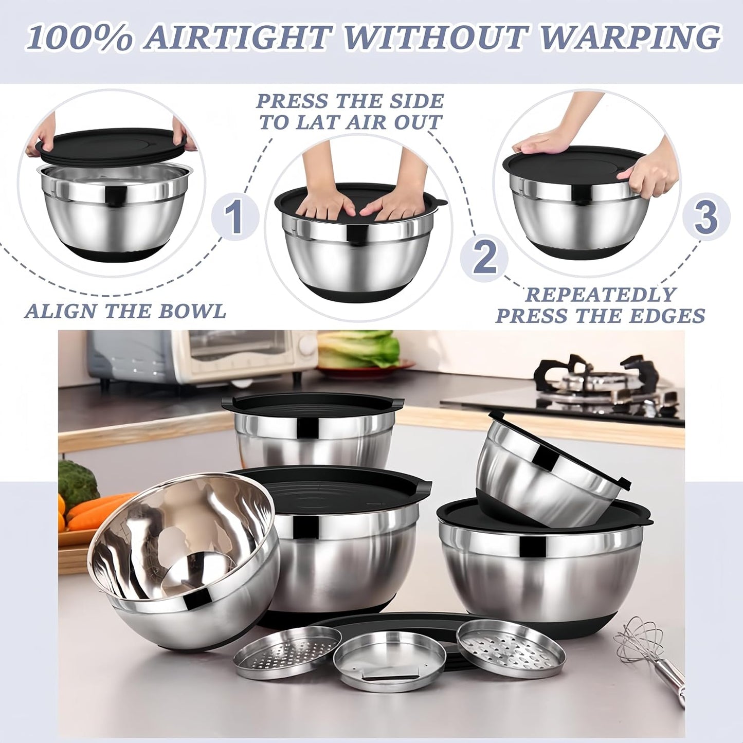 Mixing Bowls with Lids Set,7PCS Stainless Steel Bowls with 3 Grater Attachments and Measuring Spoons,Ideal for Kitchen Cooking & Serving,Non-slip Bottoms Size 6, 4, 3, 2.1,1.5,1,0.63QT (Black)
