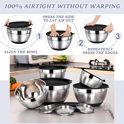 Mixing Bowls with Lids Set,7PCS Stainless Steel Bowls with 3 Grater Attachments and Measuring Spoons,Ideal for Kitchen Cooking & Serving,Non-slip Bottoms Size 6, 4, 3, 2.1,1.5,1,0.63QT (Black)