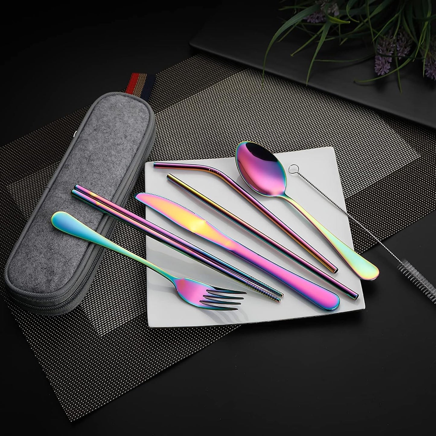 DEVICO Camping Utensils, 8-Piece Full-Size Reusable Silverware for Lunch Adult, Stainless Steel Portable Fork Spoon Knife Set for Work, Travel Cutlery Set with Case and Chopsticks Straws (Rainbow)