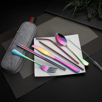 DEVICO Camping Utensils, 8-Piece Full-Size Reusable Silverware for Lunch Adult, Stainless Steel Portable Fork Spoon Knife Set for Work, Travel Cutlery Set with Case and Chopsticks Straws (Rainbow)