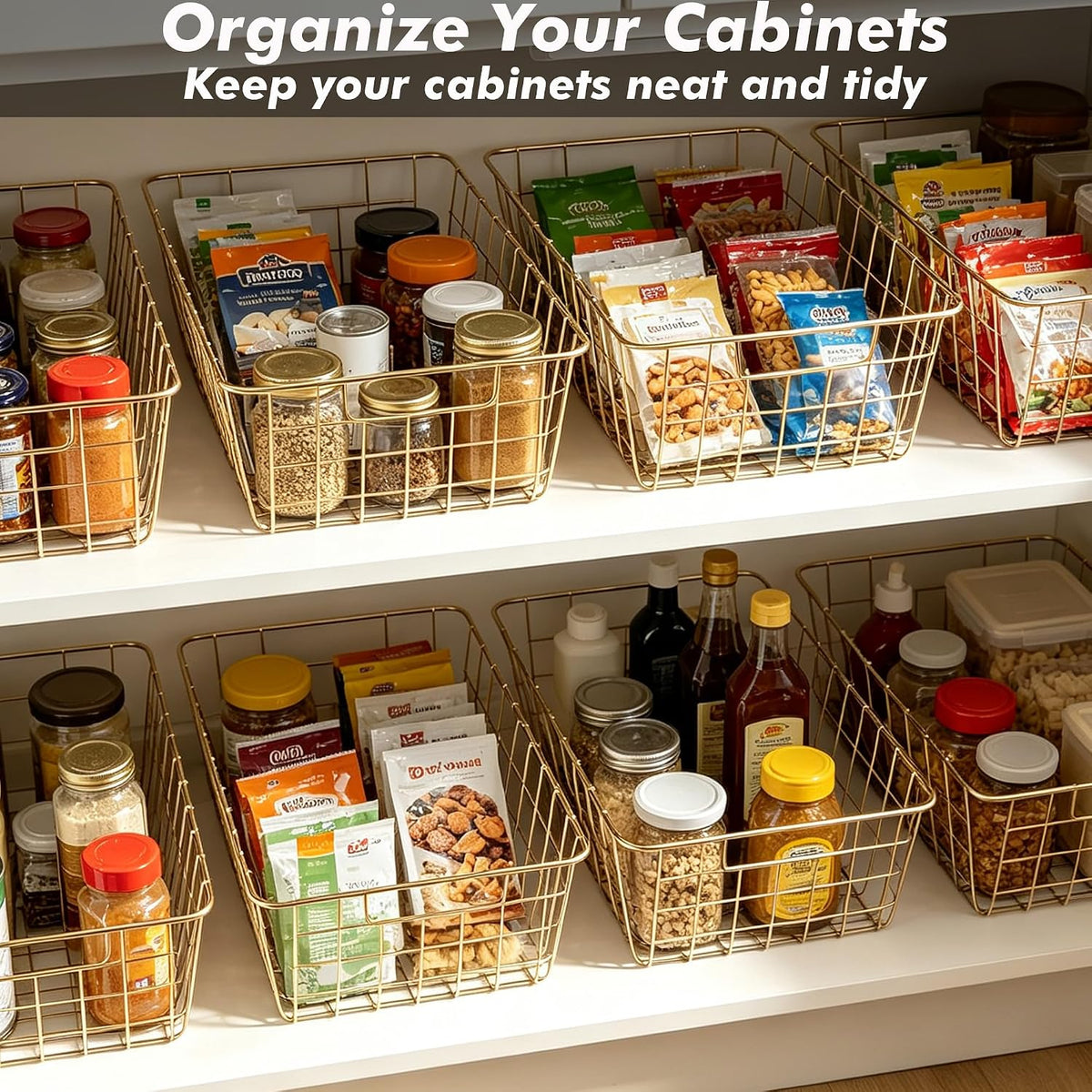 White Wire Storage Baskets,11.1"x8.7"x4.7"Wire Freezer Storage Organizer Bins Farmhouse Metal Freezer Basket with Handles for Cabinets, Pantry, Closets, Bedrooms,White,4 Pack