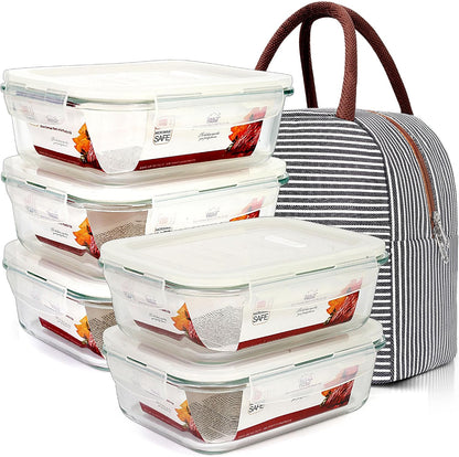 DAS TRUST 5 Pack 36oz Bento Box Glass Meal Prep Container 3 Compartment Glass Food Storage Containers with Lids Meal Prep Bowls Lunch Box Lunch Container for Oven