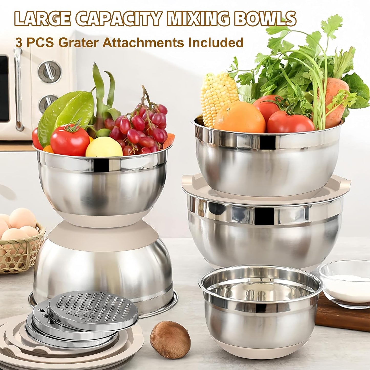 Mixing Bowls with Lids Set,7PCS Stainless Steel Bowls with 3 Grater Attachments and Measuring Spoons,Ideal for Kitchen Cooking & Serving,Non-slip Bottoms Size 6, 4, 3, 2.1,1.5,1,0.63QT (Black)
