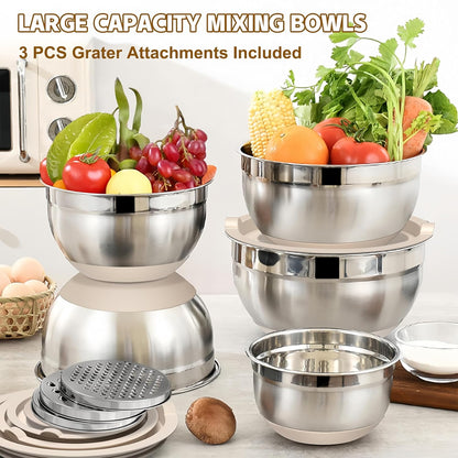 Mixing Bowls with Lids Set,7PCS Stainless Steel Bowls with 3 Grater Attachments and Measuring Spoons,Ideal for Kitchen Cooking & Serving,Non-slip Bottoms Size 6, 4, 3, 2.1,1.5,1,0.63QT (Black)