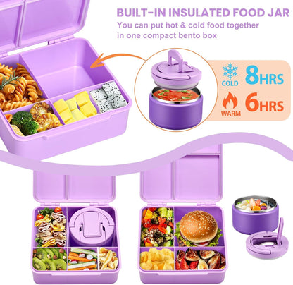 Bento Lunch Box with 8oz Soup Thermo,Kids Leakproof 4 Compartment Lunch Food Containers with Sauce Cup and Ice Pack,Kids Thermo Insulated Hot Food Jar and Lunch Bag for School,Trvael-Black