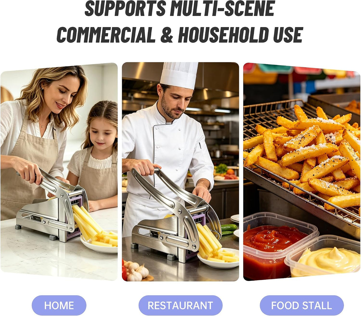 Household stainless steel fry slicer, 64-hole and 36-hole potato slicer with replaceable heavy-duty blades, suitable for household, kitchen, restaurant, and commercial use