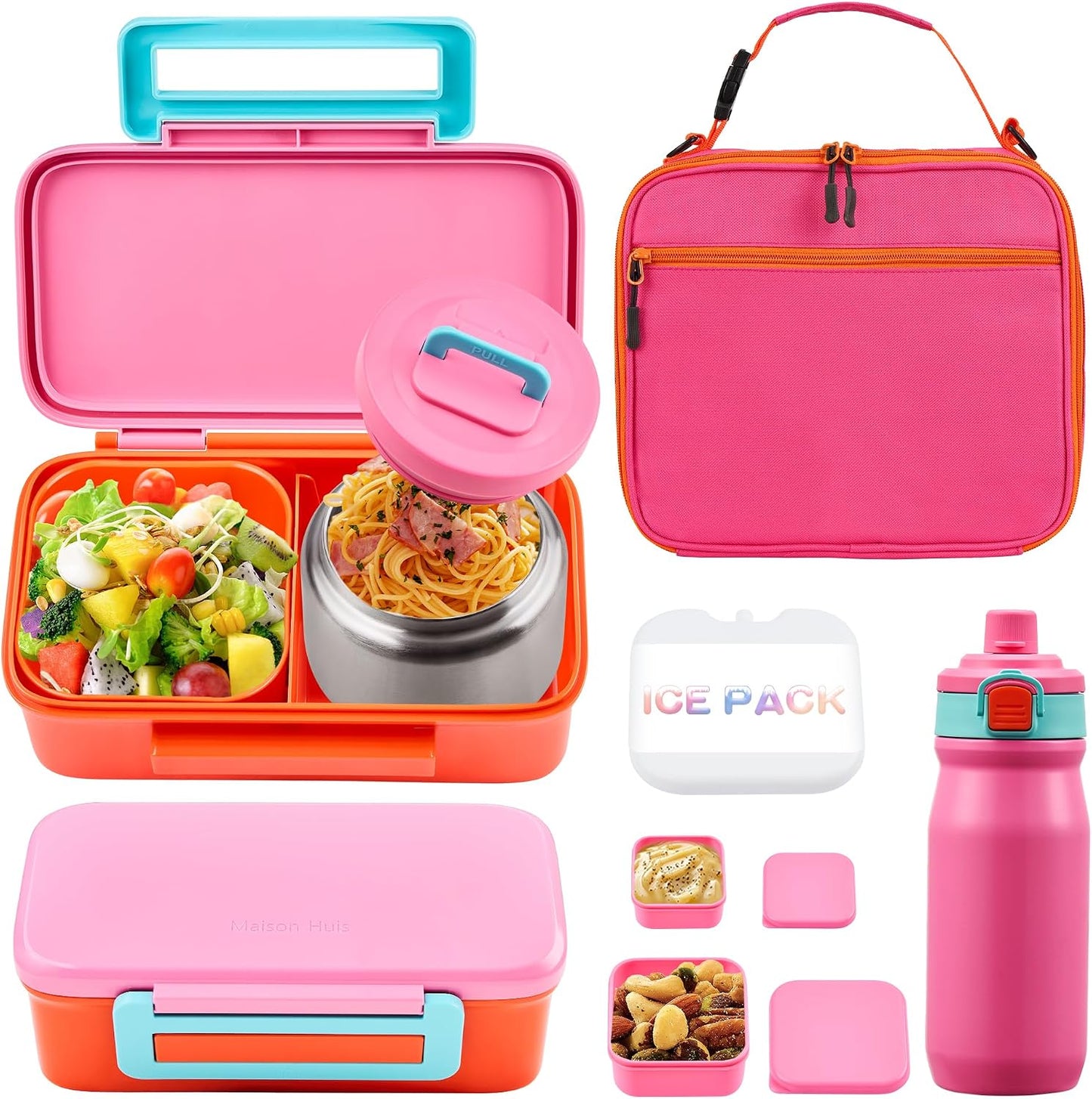 MAISON HUIS Bento Box for Kids with 8oz Soup Thermo, Insulated Lunch Bag & 17oz Water Bottle, 2-Compartment Bento Box with Built-In Ice Pack, Leak-Proof & BPA-Free (Purple)