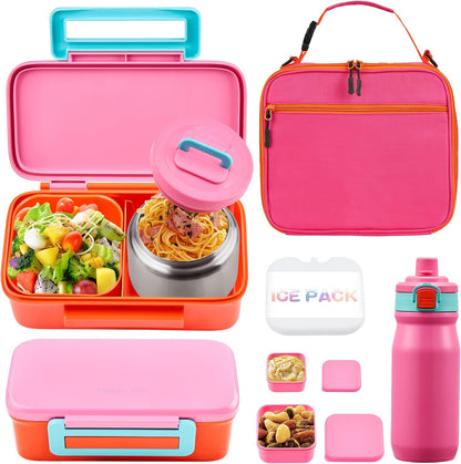 MAISON HUIS Bento Box for Kids with 8oz Soup Thermo, Insulated Lunch Bag & 17oz Water Bottle, 2-Compartment Bento Box with Built-In Ice Pack, Leak-Proof & BPA-Free (Purple)