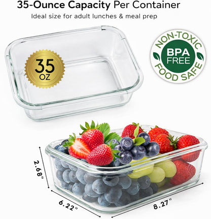 Brieftons Glass Meal Prep Containers: 5 Pack, 35 Oz with Airtight, Leakproof Snap Locking Lids, Perfect for Food Storage, Lunch & Portion Control, BPA-Free, Microwave, Oven, Freezer & Dishwasher Safe