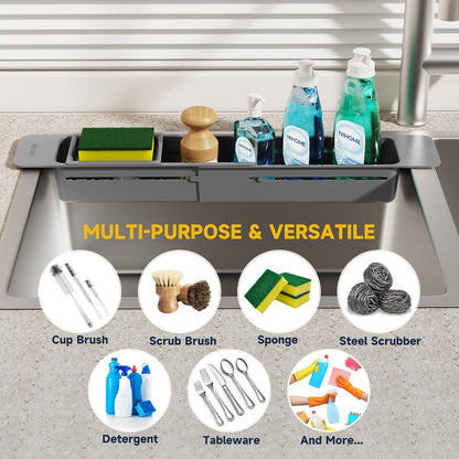 NiHome Extendable Over Sink Kitchen Organizer, Small Telescopic Brush Storage Rack for Sponge, Non-Slip Pads Expandable Sink Caddy, Adjustable Sponge/Brush Rack with Drainage Durable ABS (Dark Gray)