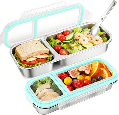 Snack Containers with Airtight Lids Reusable Stainless Steel 3-Compartment Metal Bento Lunch Box for Adults, Divided Food Storage Lunchable Meal Prep Containers, Snack Box with Spoon Sauce Jar