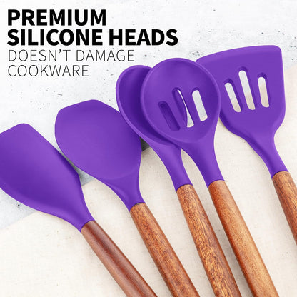 Zulay Kitchen Utensils Set Non-Stick Silicone Cooking Utensils Set with Authentic Acacia Wood Handles - 5 Piece Silicone Utensil Set - Kitchen Utensils Set with 464°F Heat Resistance - Gray
