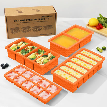 Silicone Freezer Trays with Lid (4-Pack), 1-Cup, 2-Cup, 1/2-Cup & 2-Tbsp Silicone Freezer Molds, Stackable Soup Freezer Meal Prep Containers,Ice Cube Tray for Making Sauce,Smoothies,Yogurt Bites