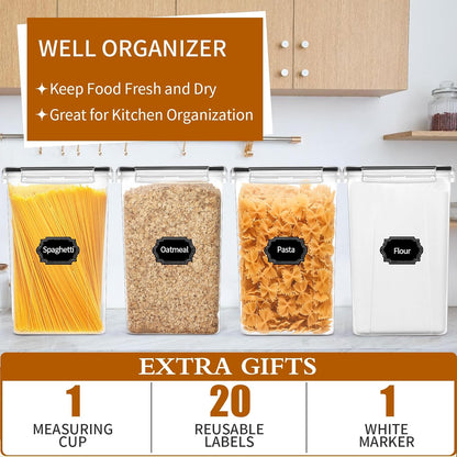 HKJ Chef 4 Pack Large Airtight Food Storage Containers with Lids (5.2L / 176oz), BPA Free Plastic Kitchen and Pantry Organization Contianers for Cereal Flour and Sugar Storage, Labels & Marker
