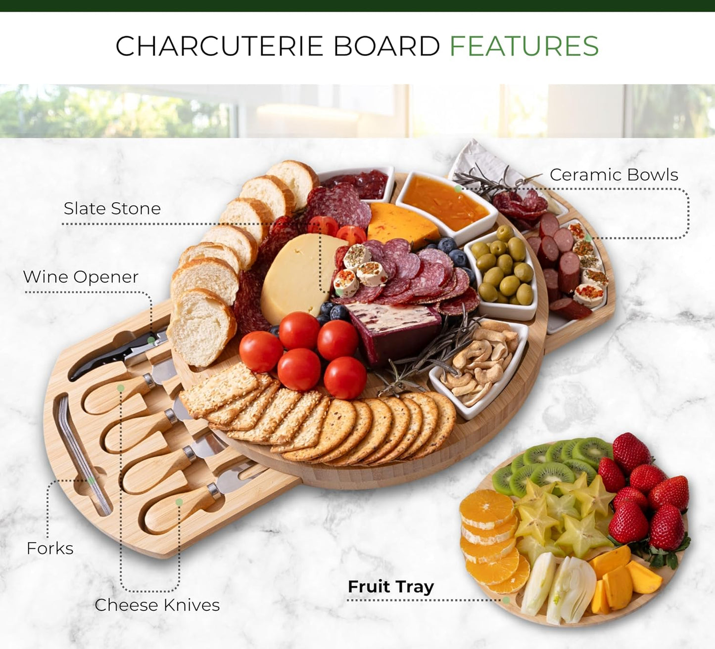 Elegant Bamboo Cheese Board Set: Appetizer & Charcuterie Platter with Drawers, Forks, Knives, Wine Key, Fruit Tray – Perfect Housewarming, Wedding & Bridal Gift.