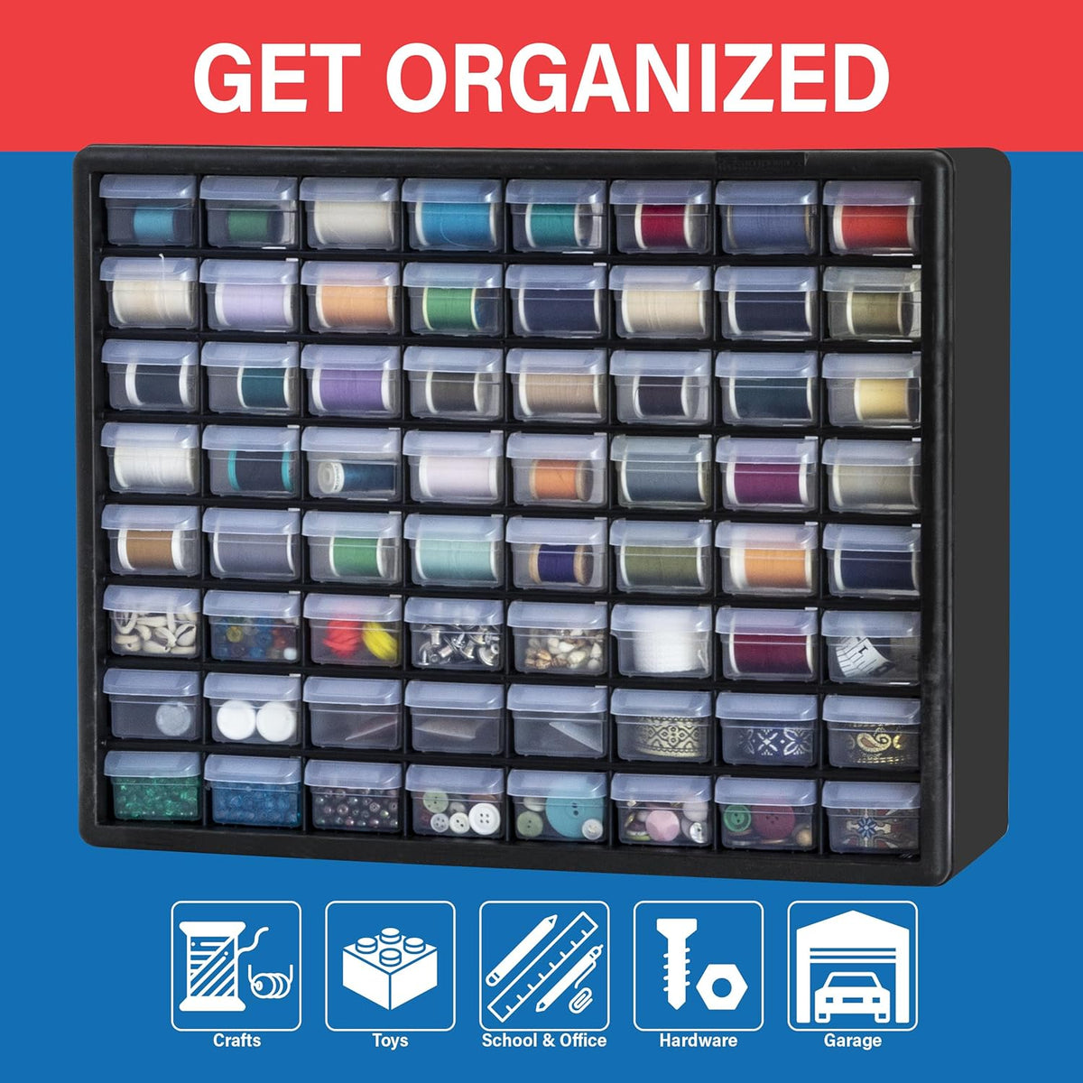 Akro-Mils 44-Drawer Plastic Drawer Storage Cabinet for Garage Organization, Bead Organizer, Building Bricks Storage, Teacher Toolbox, Makeup Organizer, 20" W x 6" D x 16" H, 10144 Black