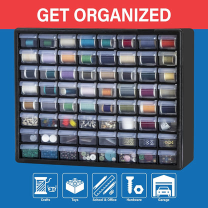Akro-Mils 44-Drawer Plastic Drawer Storage Cabinet for Garage Organization, Bead Organizer, Building Bricks Storage, Teacher Toolbox, Makeup Organizer, 20" W x 6" D x 16" H, 10144 Black