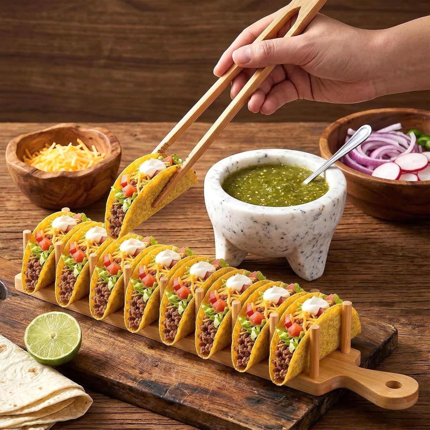 2-Pack Bamboo Taco Holder with Tongs, Each Holds 8 Tacos, Wooden Tacos Rack Tray Stand for Hard or Soft Shells, Burritos, Tortillas, for Taco Night, Party, Kitchen Accessories, Housewarming Gift