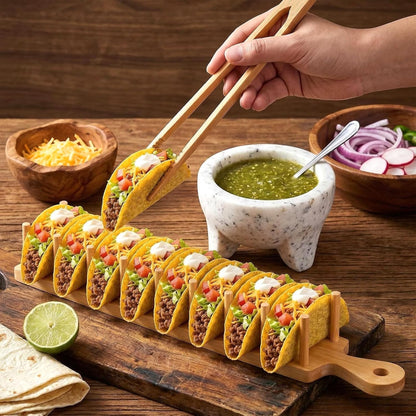 2-Pack Bamboo Taco Holder with Tongs, Each Holds 8 Tacos, Wooden Tacos Rack Tray Stand for Hard or Soft Shells, Burritos, Tortillas, for Taco Night, Party, Kitchen Accessories, Housewarming Gift