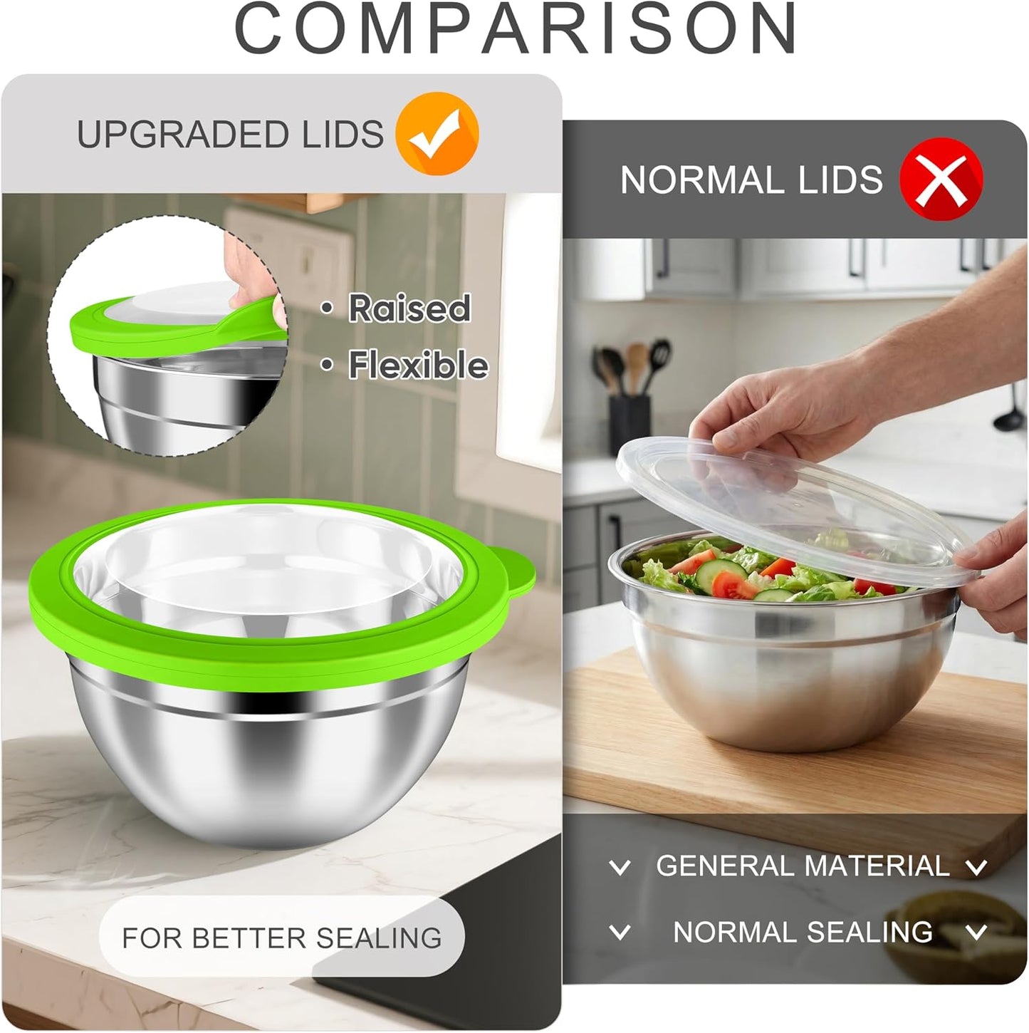 HaWare Mixing Bowls with Airtight Clear Lids, 6-Piece Stainless Steel Strong Nesting Bowls Set, Metal Salad Bowl for Cooking, Prepping, Baking, Serving & Food Storage, Size 4.6, 3, 1.5QT, Khaki