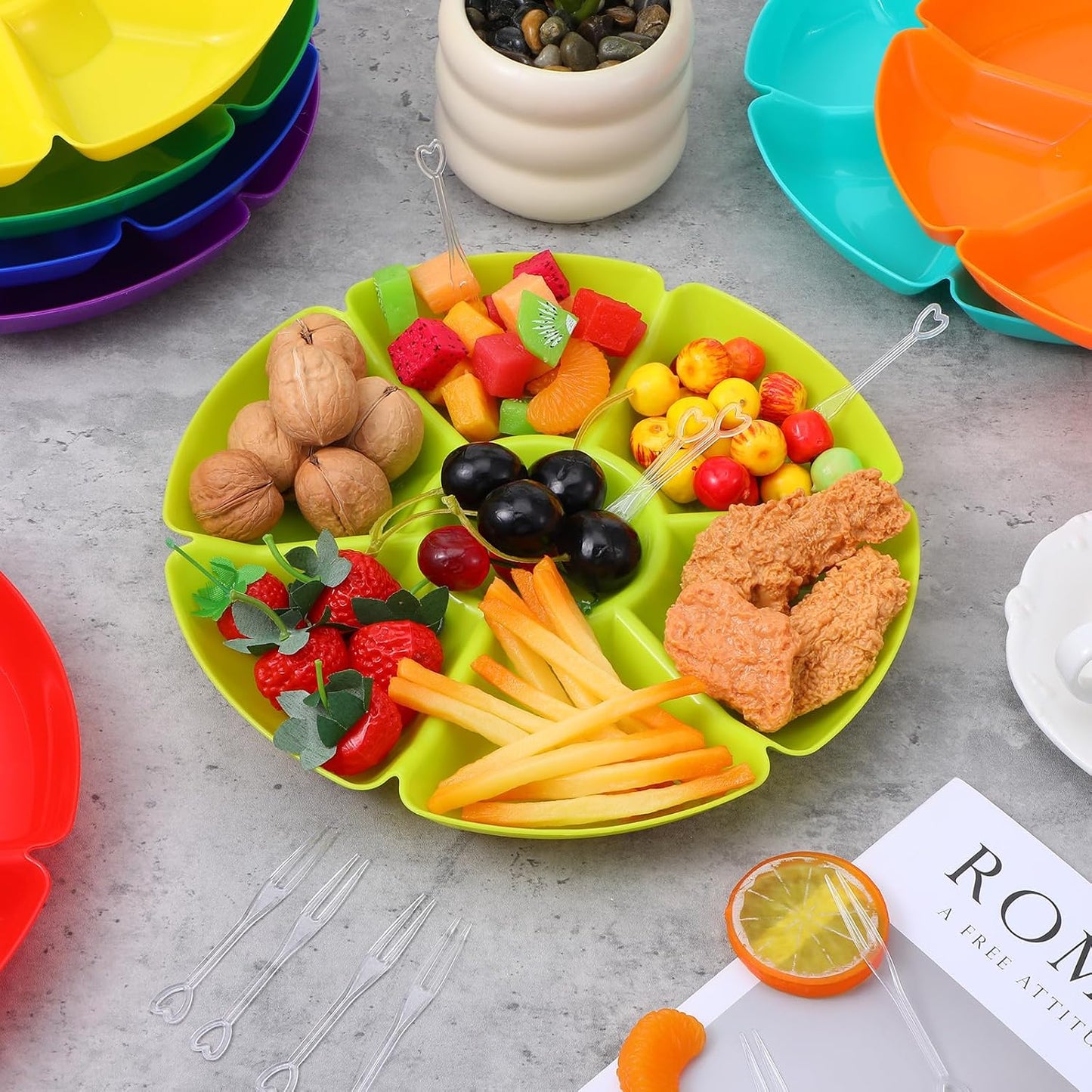 8-Pack Plastic Divided Serving Trays with 100 Forks, 7-Compartment Round Chip & Dip Plates, 10.4" Snack Platters for Party, Candy, Nuts, Fruits (8 Vibrant Colors)