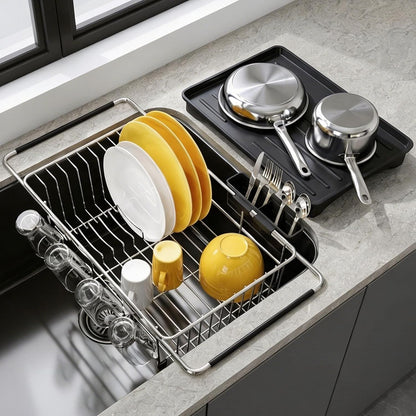 JASIWAY Dish Drying Rack in Sink, Expandable Stainless Steel Dish Drainers for Kitchen Counter, Dish Dryer Rack for Inside Sink, Over The Sink Dish Racks with Utensil Holder, Silver