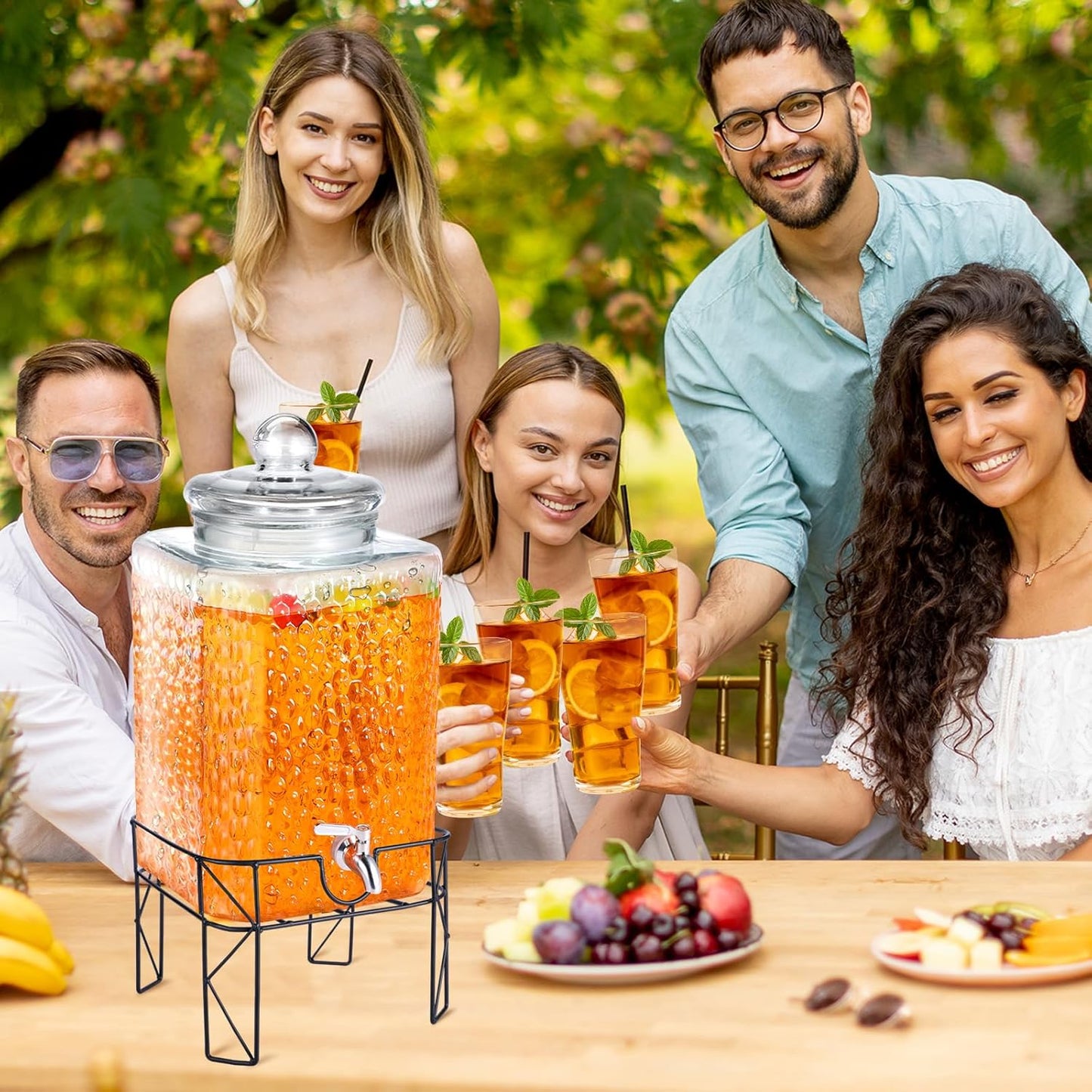 Honeydak 1.5 Gallon Glass Beverage Dispenser with Stand Stainless Steel Spigot Glass Lid Clear Iced Juice Container Leakproof Drink Dispenser Countertop Lemonade Water Jar for Wedding Party (3 Pack)