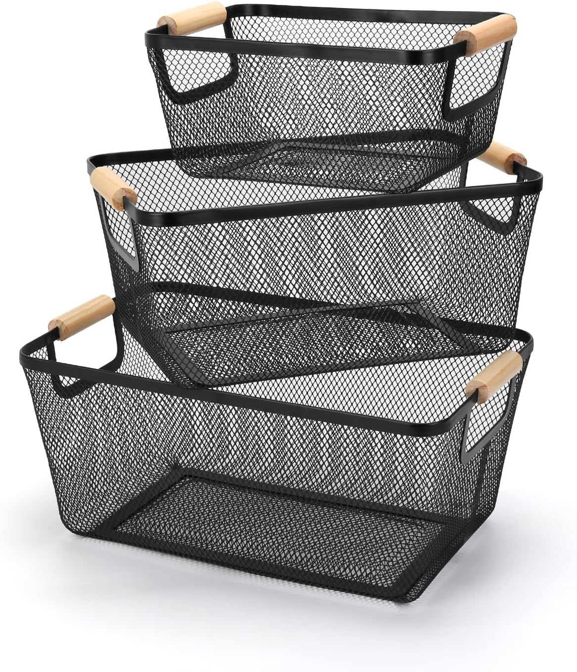 Wire Basket, 3 Pack Metal Mesh Pantry Basket with Wooden Handle for Organizing, 3 Sizes Black Wire Steel Bins Pantry Organizers and Storage, Kitchen Fruit Containers for Shelves Cabinets Organization