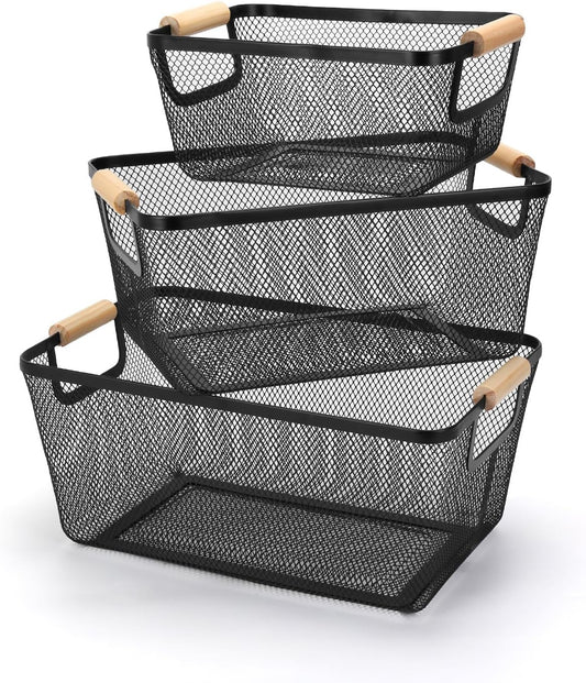 Wire Basket, 3 Pack Metal Mesh Pantry Basket with Wooden Handle for Organizing, 3 Sizes Black Wire Steel Bins Pantry Organizers and Storage, Kitchen Fruit Containers for Shelves Cabinets Organization