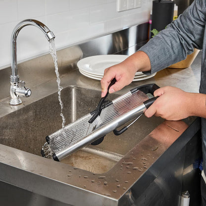 Restaurantware Stainless Steel Adjustable Mandoline Slicer - German Standard Vegetable Slicer with Blade Guard, Includes Cut-Resistant Gloves - Food Slicer for Potato, Onions, Cucumbers, Tomato