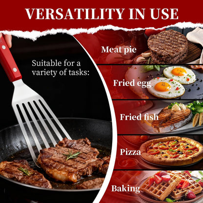 GRILLGEN Fish Spatula Stainless Steel -12.4" Metal Slotted Turner with Full Tang Red Handle, Ultra-Thin Flexible Fish Flipper for Cast Iron Skillet & Grilling, Flipping Eggs & Pancakes, Heavy Duty