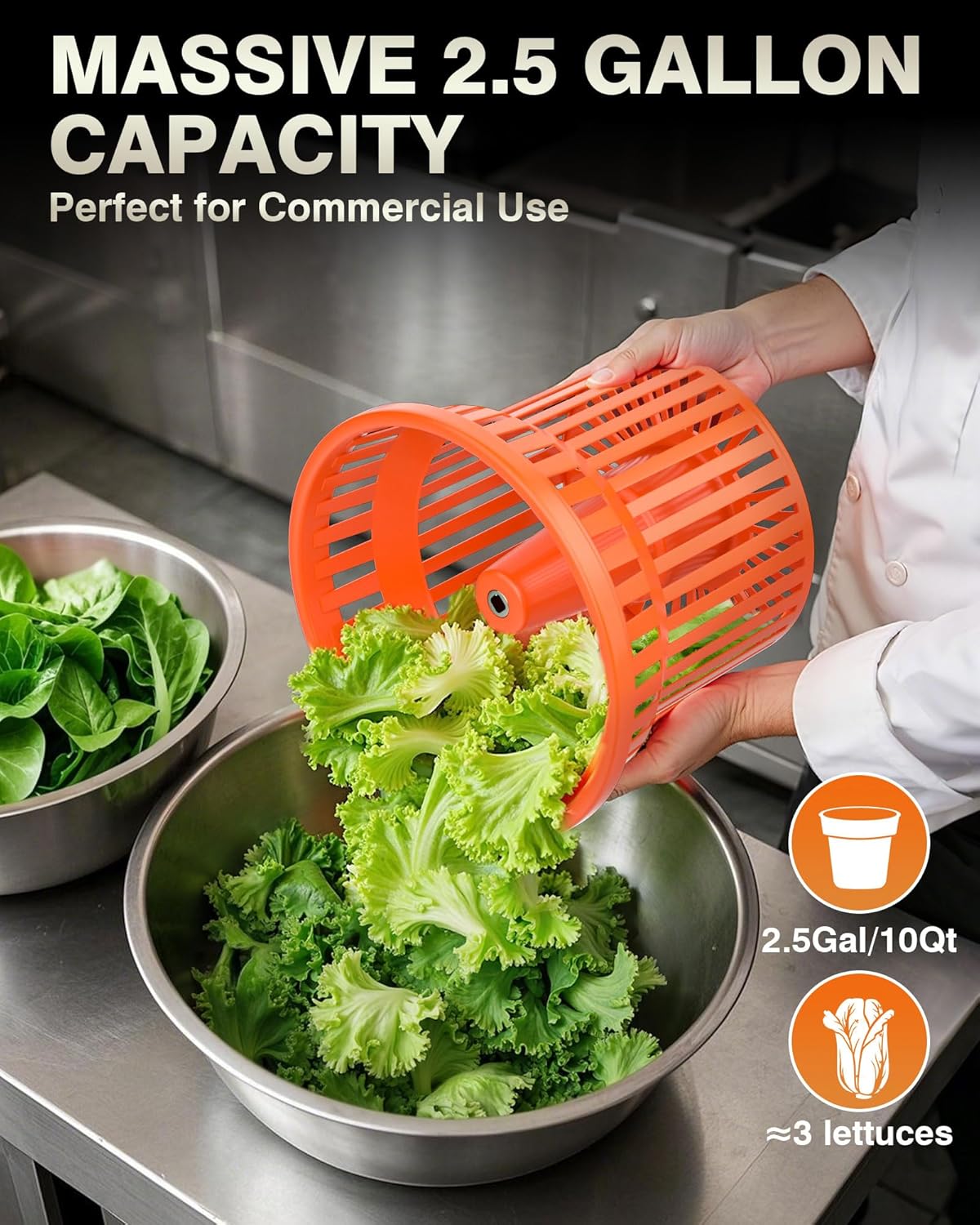 WantJoin Commercial Salad Spinner - [6 Gallon Salad Dryer] w/Silicone [Anti-slip Mat] & [Draining Hose], 24Qt Manual Salad Spinner for up to 7 Heads of Lettuce Spinner Large for Catering, Orange