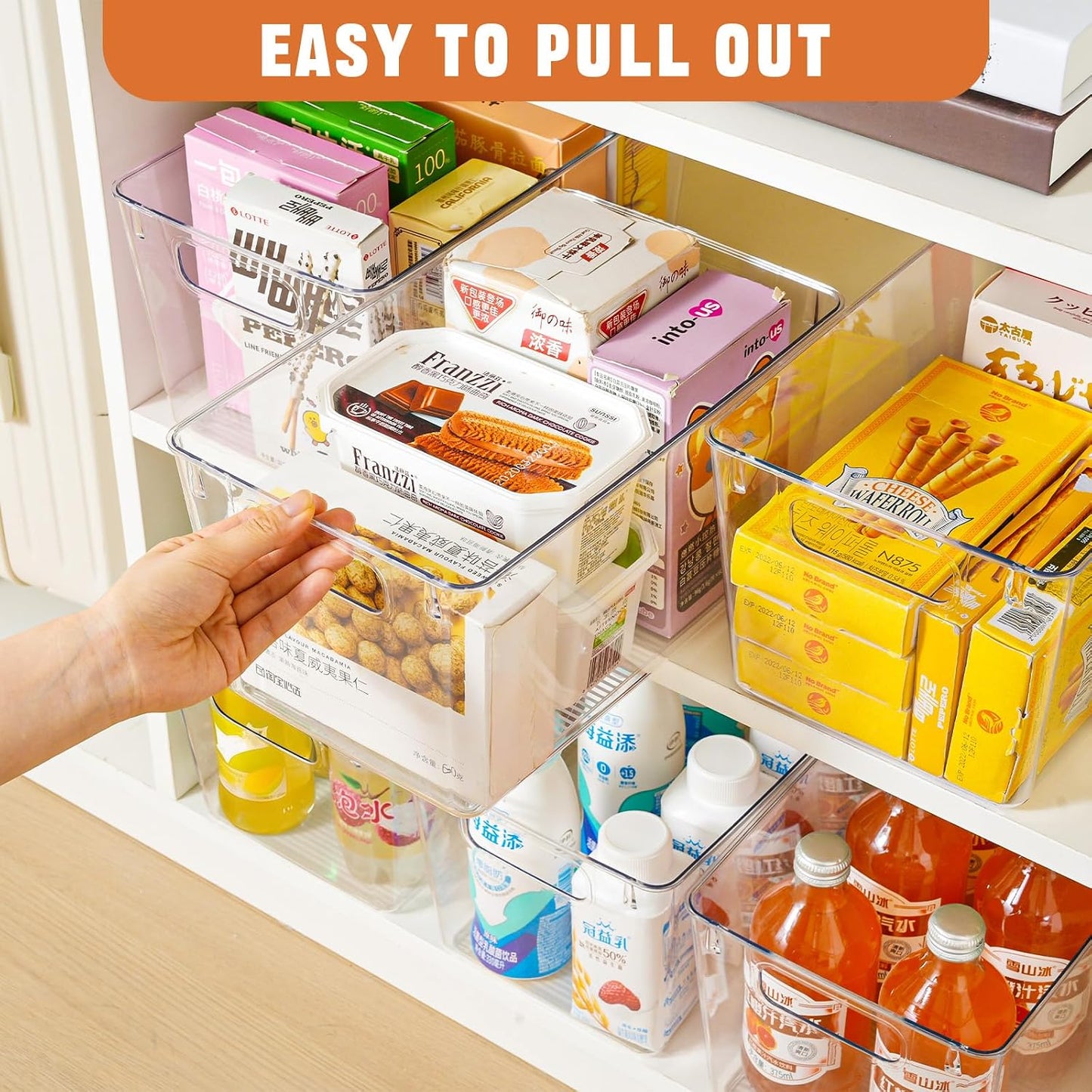 Freebat 12 Pack Middle Organizers and Storage, Pantry Organization and Storage Bins, Cabinet Organizer, Clear Plastic Storage Containers with Handle，Acrylic Storage Bins for Cabinet, Fridge
